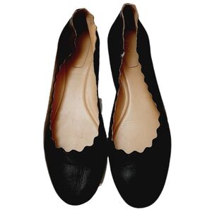 CHLOE Italy Lauren Ballerina Scalloped Edge Leather Black Ballet Flats Sz 8.5 39